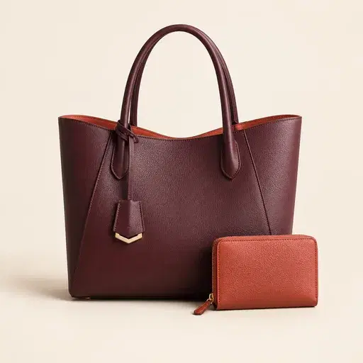 Architectural leather tote and wallet